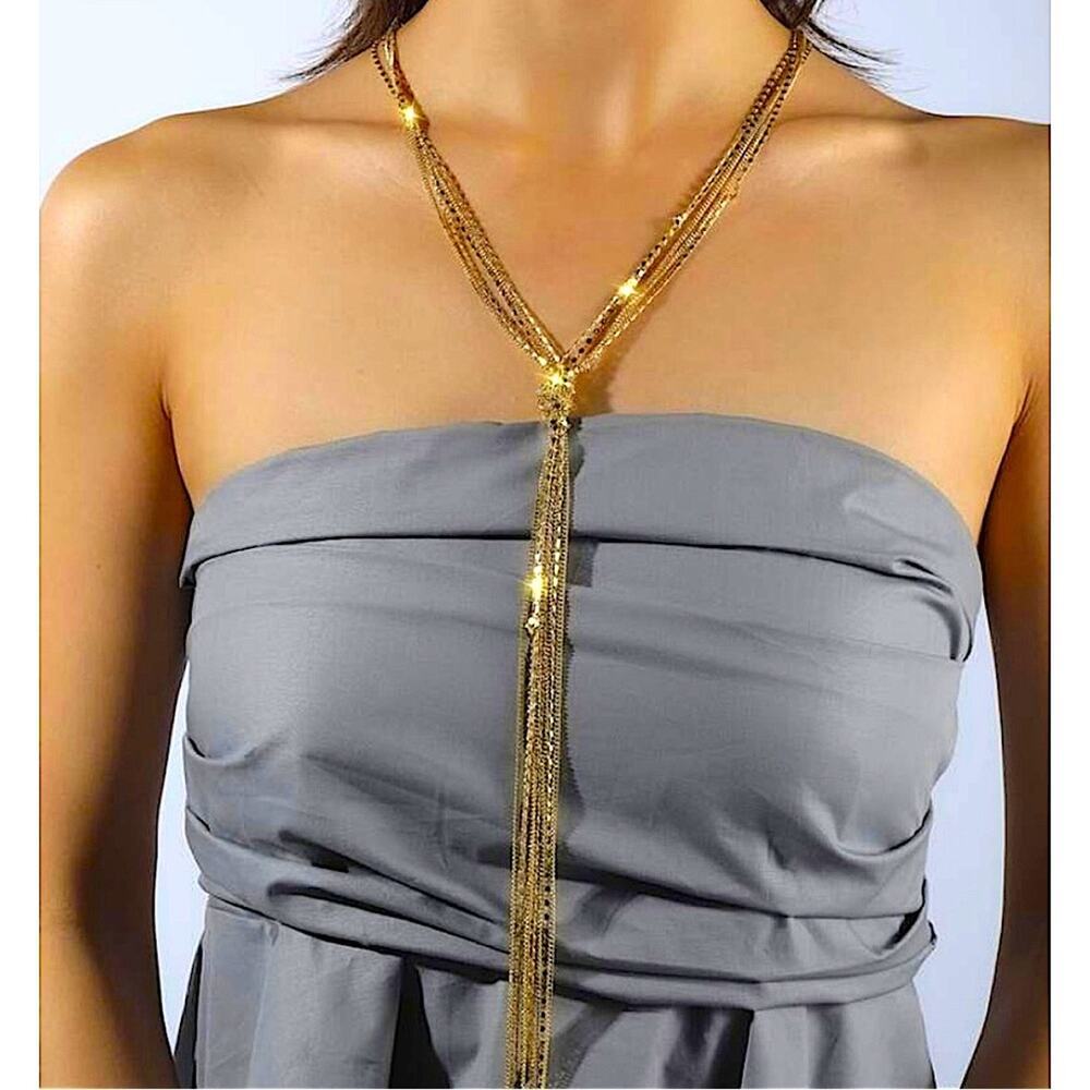 Gold Y Lariat Necklace, Multiple Strand, Statement, Boho